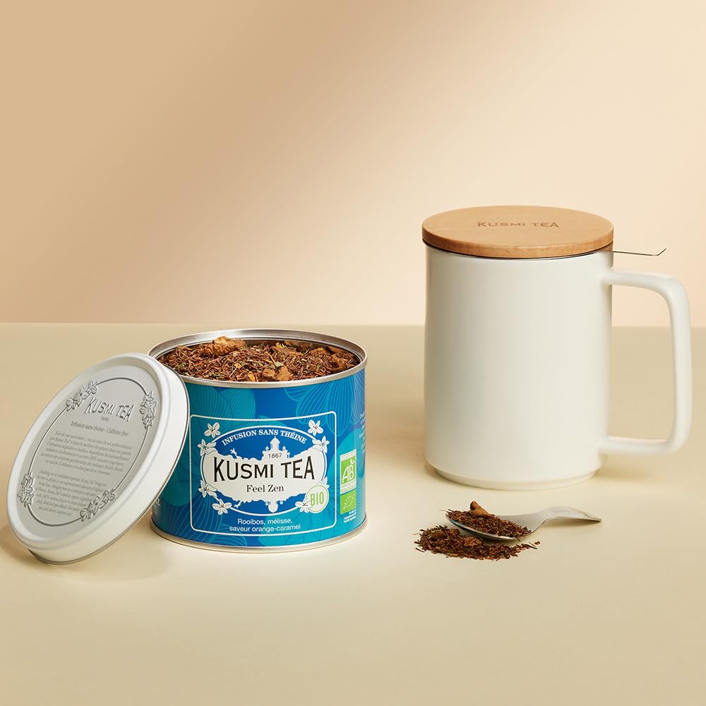 Kusmi Tea - Feel Zen - Organic Herbal Tea Blend of Rooibos with Notes of Apple, Lemon, Orange &amp; Caramel - Caffeine Free Tea - Loose Leaf Tea - Tin Box of 3.5 oz - Quantity for about 50 cups