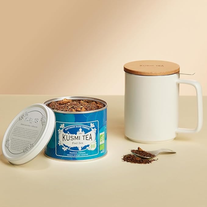 Kusmi Tea - Feel Zen - Organic Herbal Tea Blend of Rooibos with Notes of Apple, Lemon, Orange & Caramel - Caffeine Free Tea - Loose Leaf Tea - Tin Box of 3.5 oz - Quantity for about 50 cups