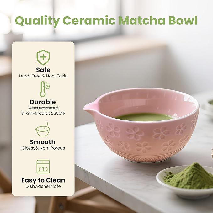 Matcha Whisk Set, Pink Matcha Kit (9 Pcs) Includes Bowl, Whisk, Holder, Scoop, Sifter, Spoon, Rest, Mat, Book