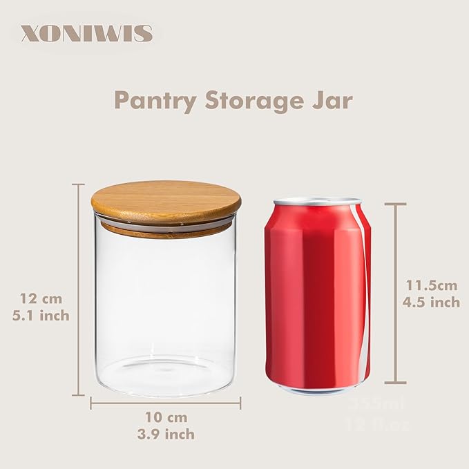 25oz 6PCS Round Airtight Glass Food Storage Jars, Clear Glass Food Storage Container with Bamboo Lid, Stackable Spice Jar, Kitchen Canister for Sugar, Tea, Coffee bean, Pasta, Oat, Spice