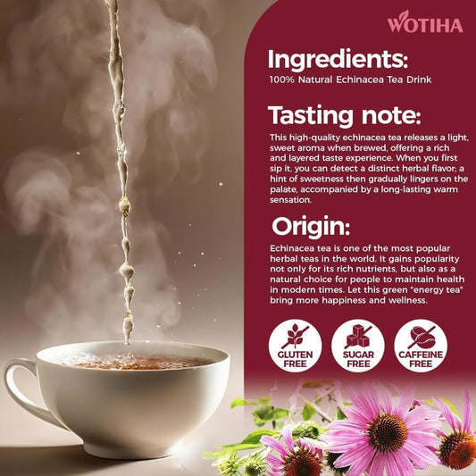 WOTIHA 60 Count Premium Echinacea Tea Bags - 100% Natural Echinacea Purpurea, Boosts Immunity, Aids Digestion, Caffeine-Free, Additive-Free, Sugar-Free, Vegan