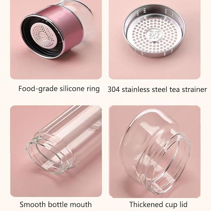 Glass Infuser, 3-in-1 smart Tea Infuser Double Wall Glass Teacup with infuser for Loose Tea, Portable Teas Steeper (Wood, 14oz)