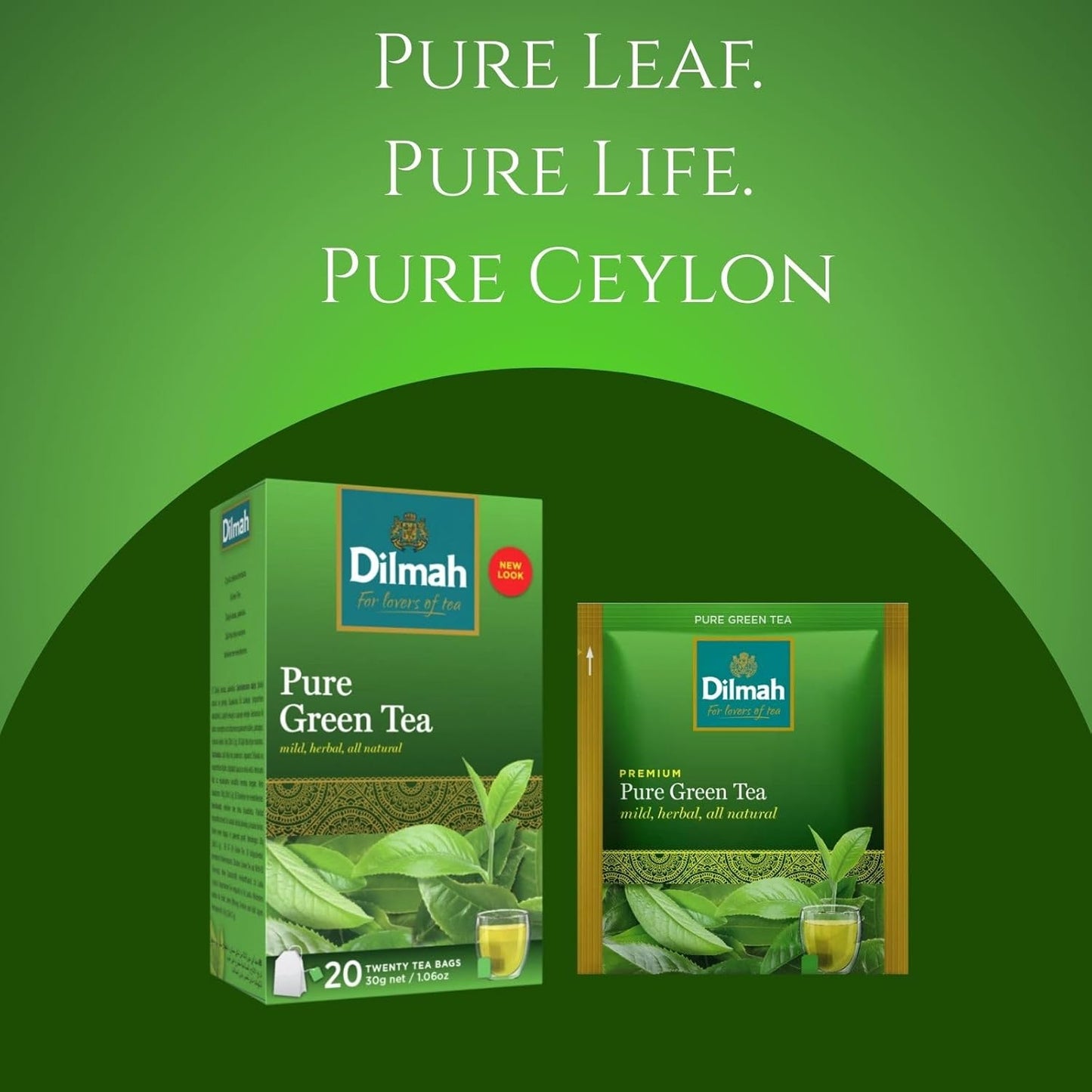 Dilmah Pure Ceylon Green Tea Bags, 20 Individually Wrapped Tea Bags, Smooth Green Tea from Sri Lanka, Great for Hot or Iced Tea