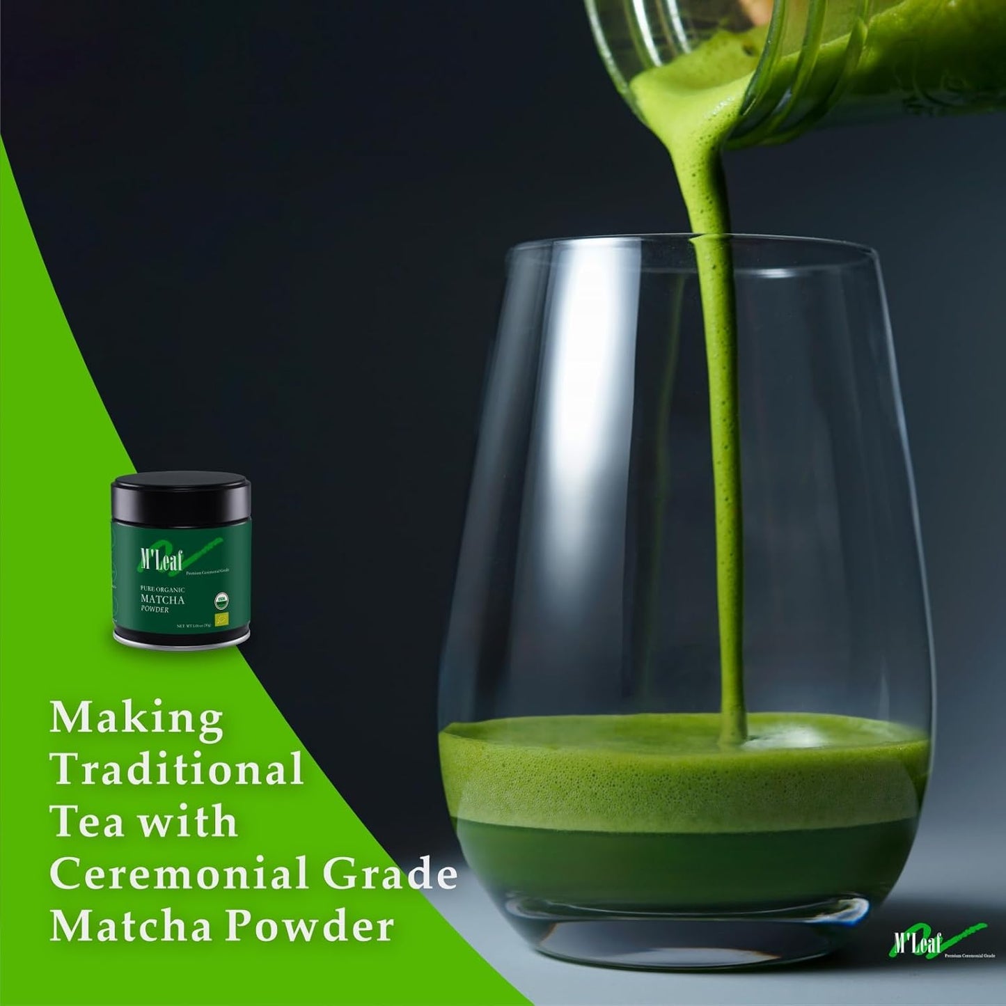 M'leaf Matcha Powder-Organic,Ceremonial Grade,Authentic 1st Harvest,Unsweetened,USDA,No Additives,Air-tight Tin，low-caffeine(1.06oz/30g)