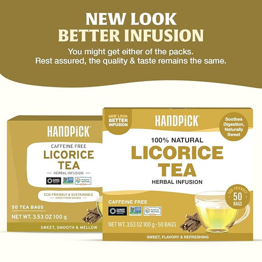 HANDPICK, Licorice Root Tea Bags (50 Count, 2g/tea bag) Licorice Tea | Non-GMO, Caffeine Free | Goodness of Cinnamon, Blackpepper, Clove, Cardamom & Ginger