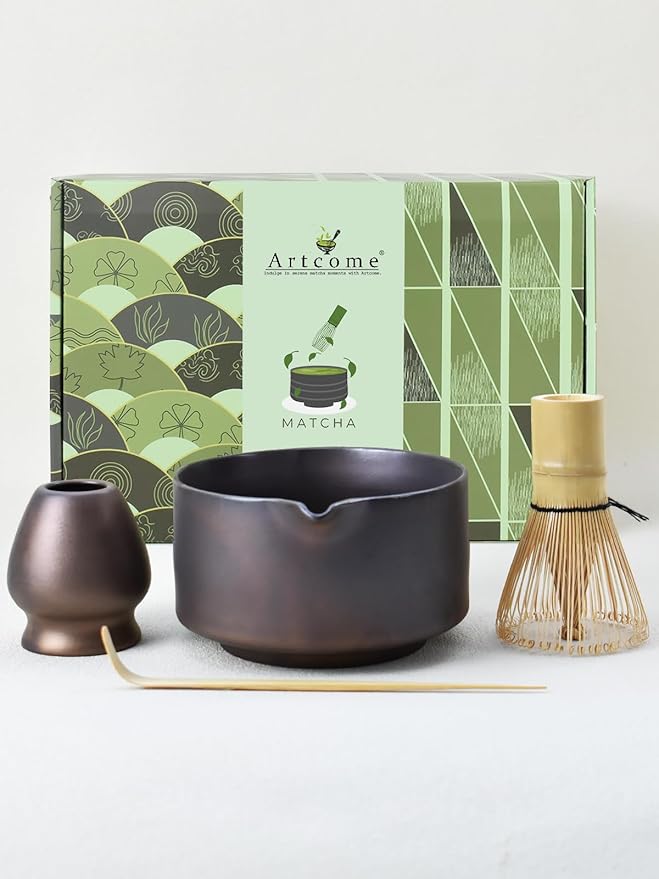 Artcome Matcha Bowl Set with Spout – Handmade Ceramic Chawan, Bamboo Whisk, Whisk Holder, Tea Scoop, and Matcha Manual