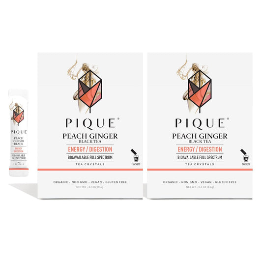 Pique Organic Peach Ginger Tea Crystals - Caffeinated Black Tea For Energy, Prebiotic Polyphenols Supports Healthy Digestion - 28 Single Servings (2 Pack)