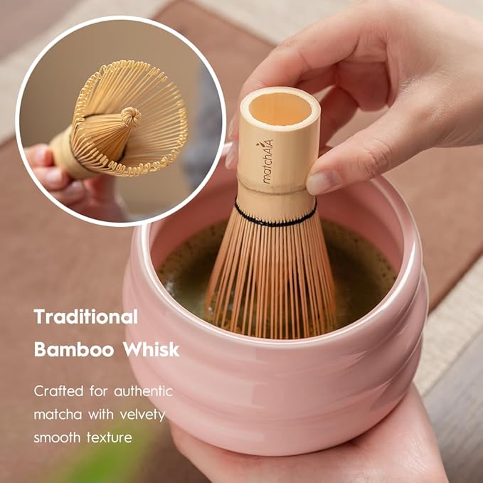 Matcha Whisk Set - Ceramic Bowl, Bamboo Whisk with Holder, Storage Canister, Sifter, Schima Spoon with Rest, Tea Towel
