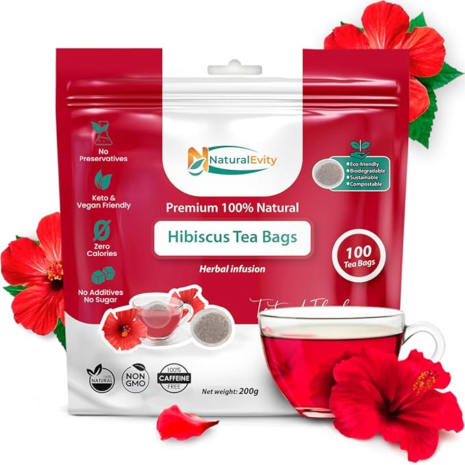 NaturalEvity Hibiscus Tea Bags (100 Count) – Flor de Jamaica Herbal Tea – Ayurveda Inspired, Natural