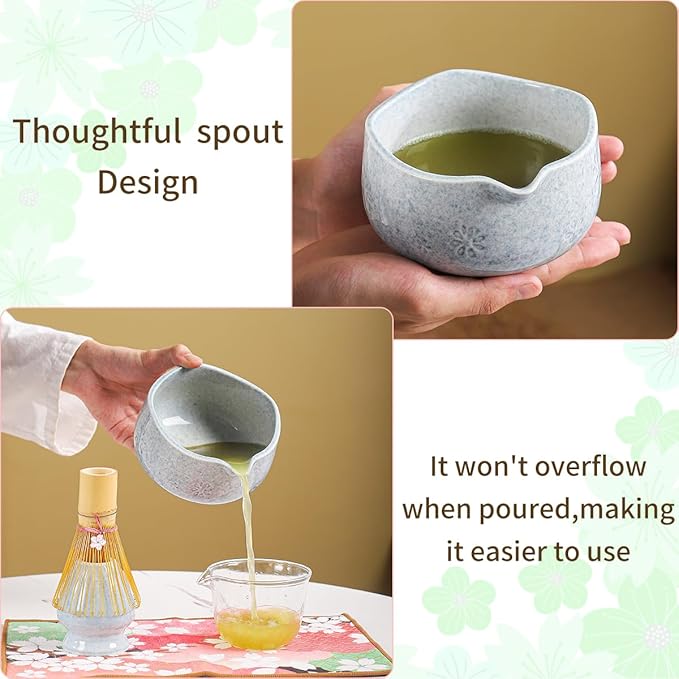 Handcrafted Matcha Bowl Set 8pc - Japanese Style Ceramic Chawan Tea Cups with Floral Art & Wavy Rim | Complete Matcha Tea Ceremony Kit in Premium Gift Box (blue)