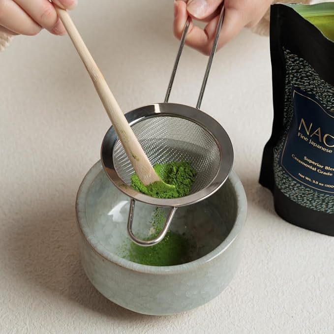 Naoki Matcha Complete Matcha Tea Ceremony Set - Includes: Bamboo Matcha Whisk & Bamboo Tea Scoop, Large Stainless Steel Sifter