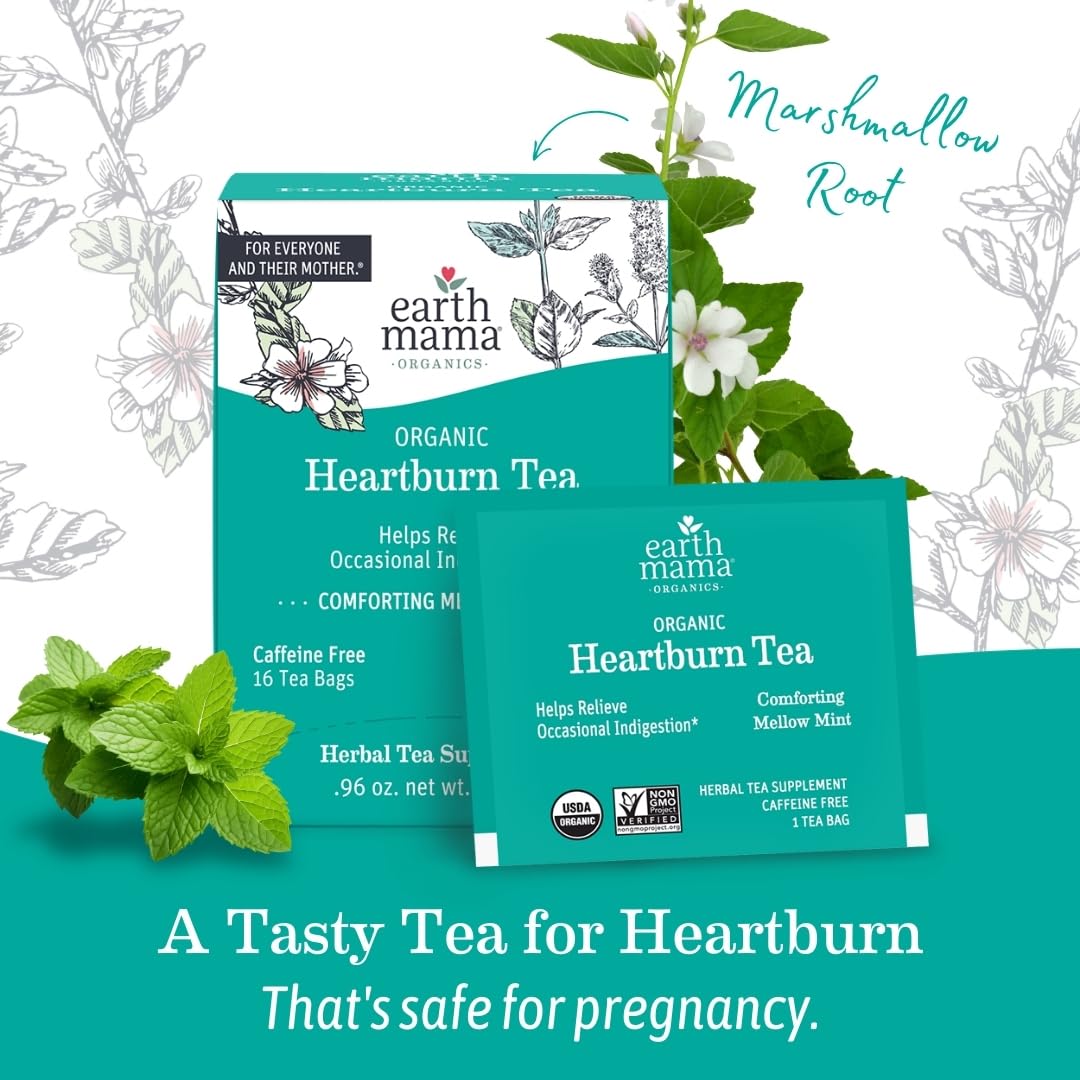 Earth Mama Organic Heartburn Tea | Pregnancy-Safe Soothing Herbal Blend with Marshmallow Root, Lemon Balm & Chamomile, 16 Teabags Per Box