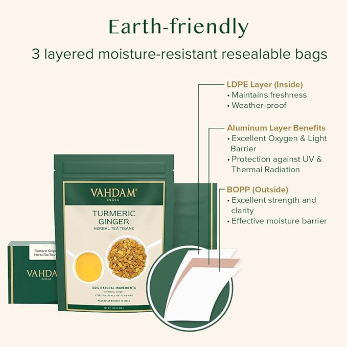 VAHDAM, Turmeric Ginger Herbal Tea (50+ Cups, 3.53oz) Caffeine Free | 100% Pure Herbal Blend - Savory & Spicy | Vacuum Sealed | Direct from Source