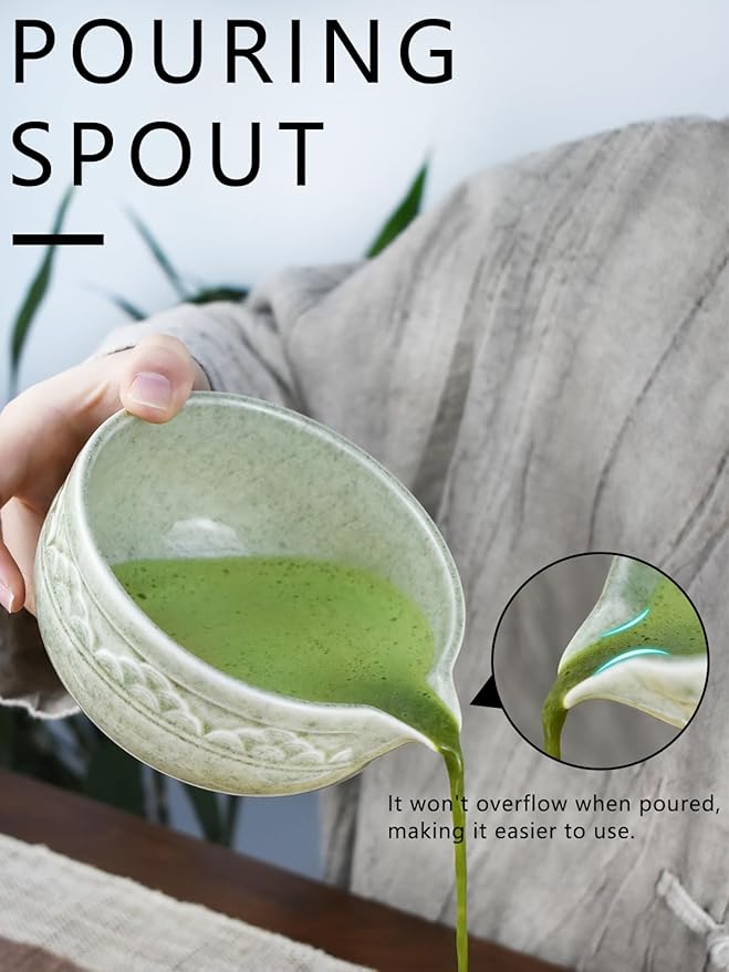 Artcome Matcha Tea Set with Pouring Spout - Green Ceramic Matcha Bowl, Bamboo Whisk, Whisk Holder