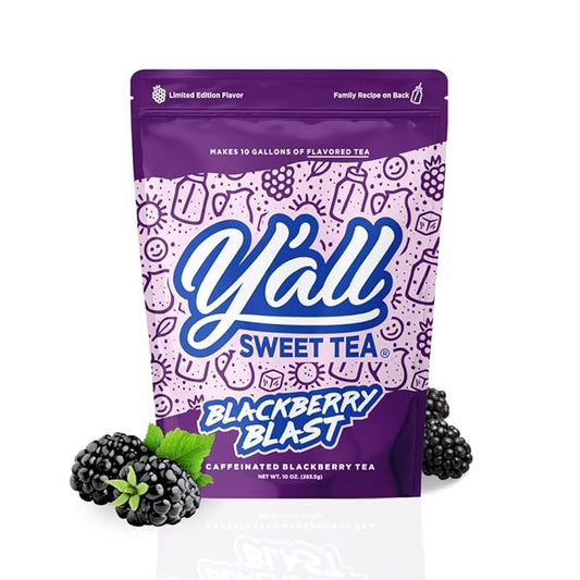 Y'all Sweet Tea Blackberry Blast Flavored Iced Tea Bags, 10 Gallons Pack | As Seen on Shark Tank | Caffeinated | Real Blackberry Flavor | Quick Brew Southern Ice Tea | One Gallon Size Brew