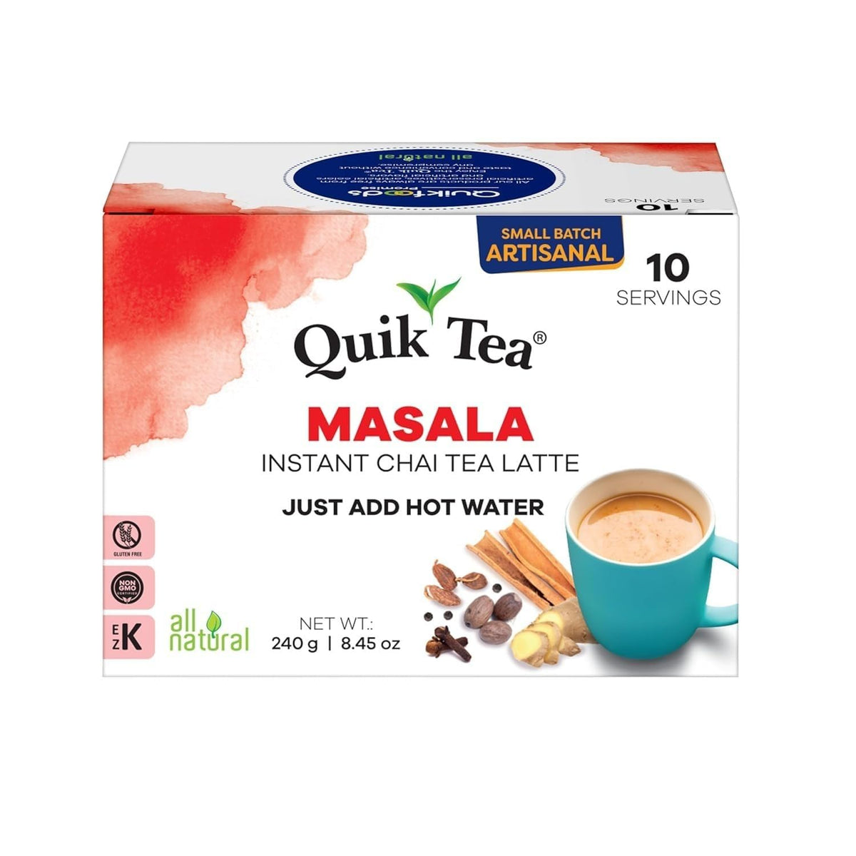 QuikTea 4 flavor Instant Cardamom/Masala/Ginger/Lemongrass Chai Tea Latte Variety Pack, 33.8 Oz
