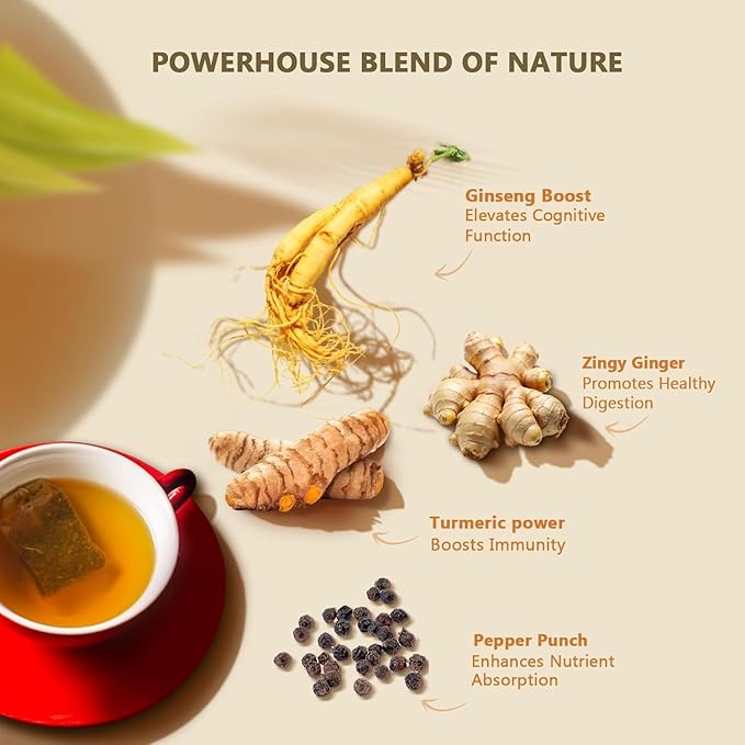 Olinda Turmeric Ginger Ginseng Herbal Tea Organic Herbal Tea Bags Caffeine Free Naturally Flavored Blend 28 Tea Bags