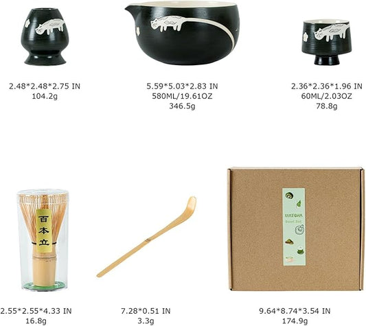 Unique Cat Matcha Tea Set, Matcha Bowl with Spout, 2 Cups, Bamboo Whisk, Chasen Holder & Scoop