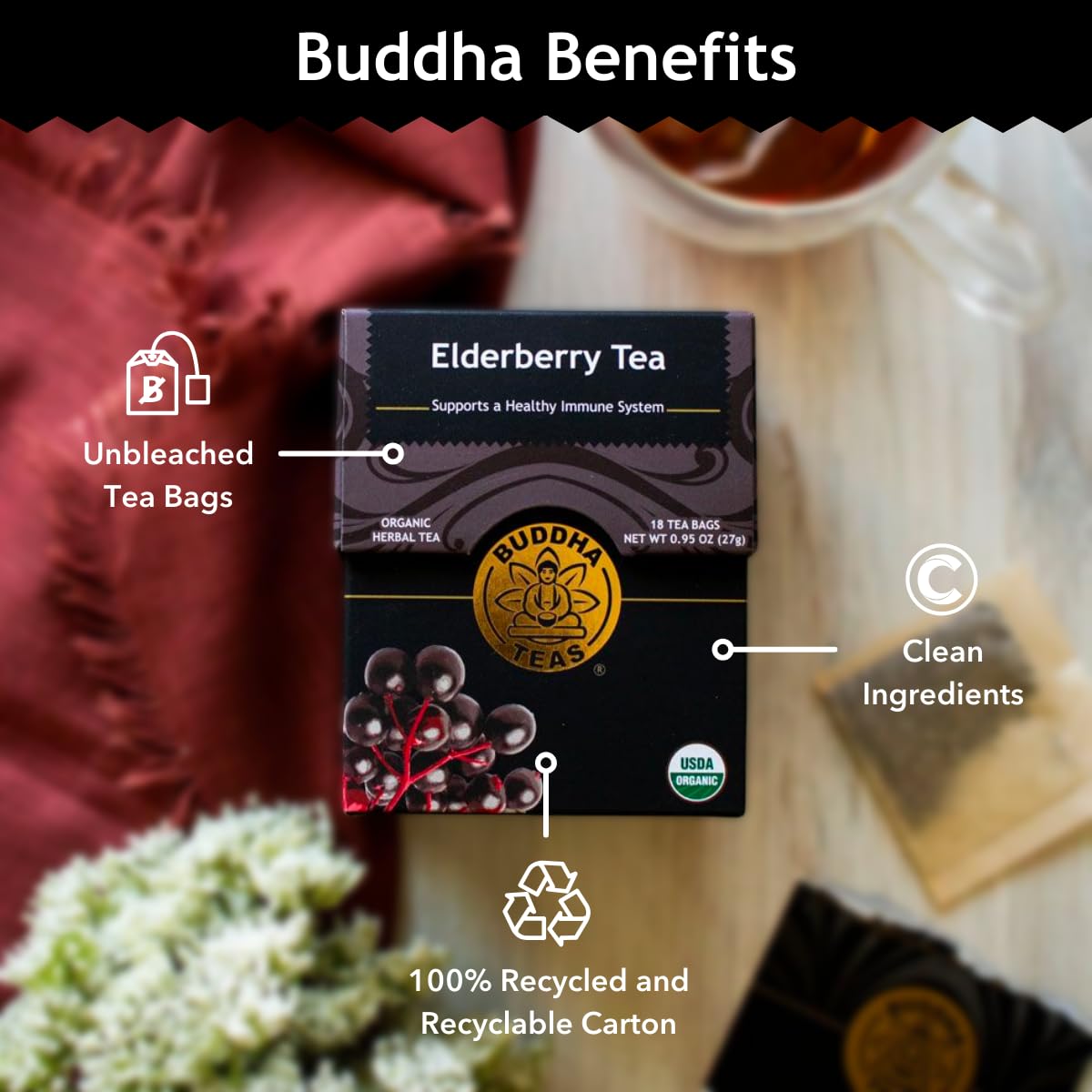 Buddha Teas - Organic Elderberry - Herbal Tea - For Health & Wellbeing - With Antioxidants & Minerals - Clean Ingredient