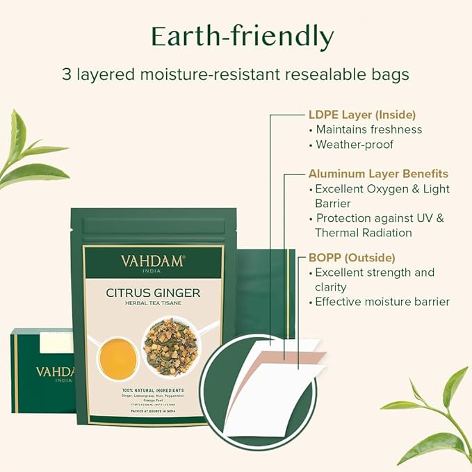 VAHDAM, Citrus Ginger Herbal Tea Tisane (50 Cups, 3.53 oz) Gluten Free, Non GMO | Ginger, Lemongrass, Orange Peels, Mint | Herbal Tea Loose Leaf | Vacuum Sealed Pack