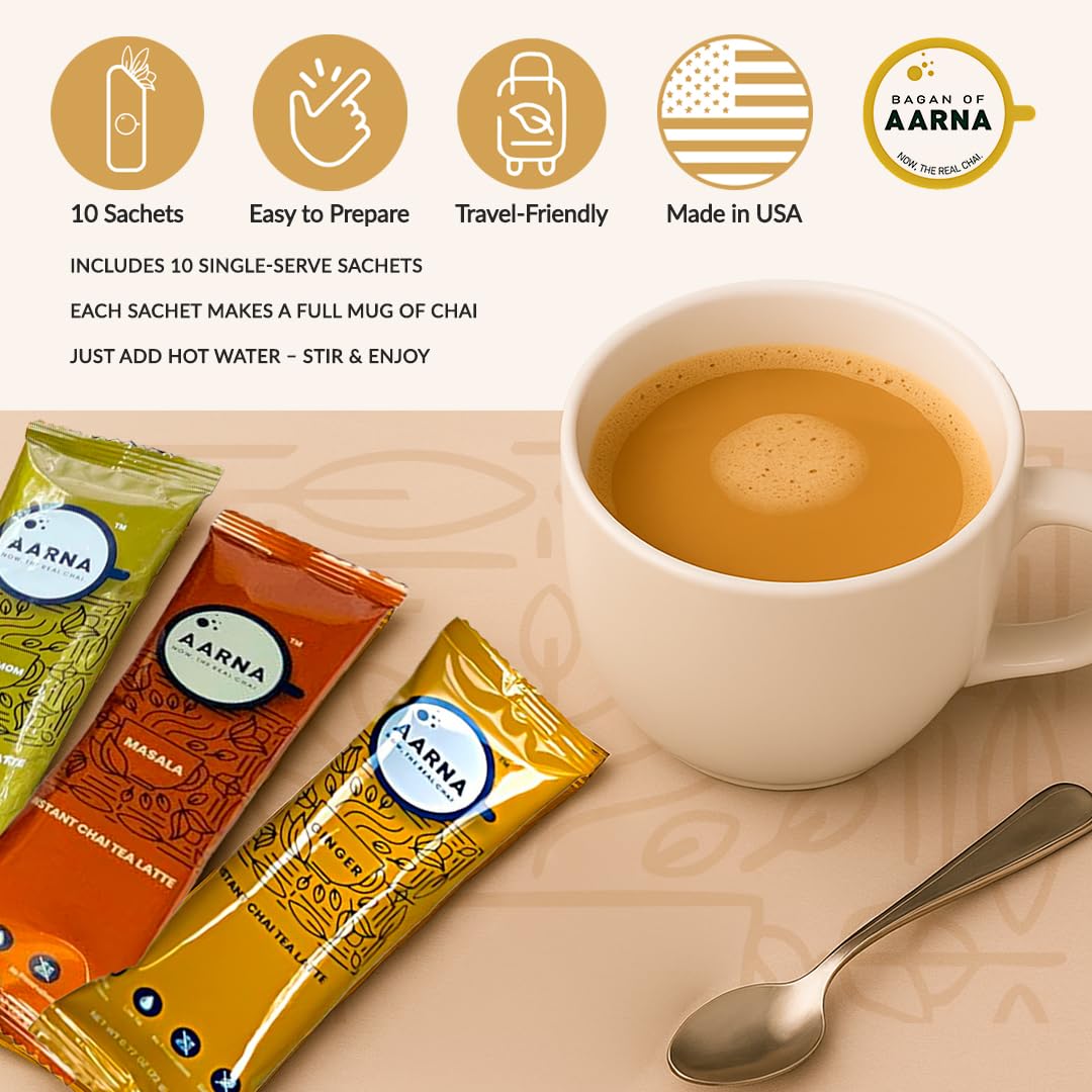 Bagan of Aarna Instant Masala Chai, Tea Powder Mix, Spiced Tea, All Natural Chai Tea, Authentic Chai Mix, Masala Spiced Chai Powder With Natural Flavour, Makes 10 Cups (Masala Sweetened)
