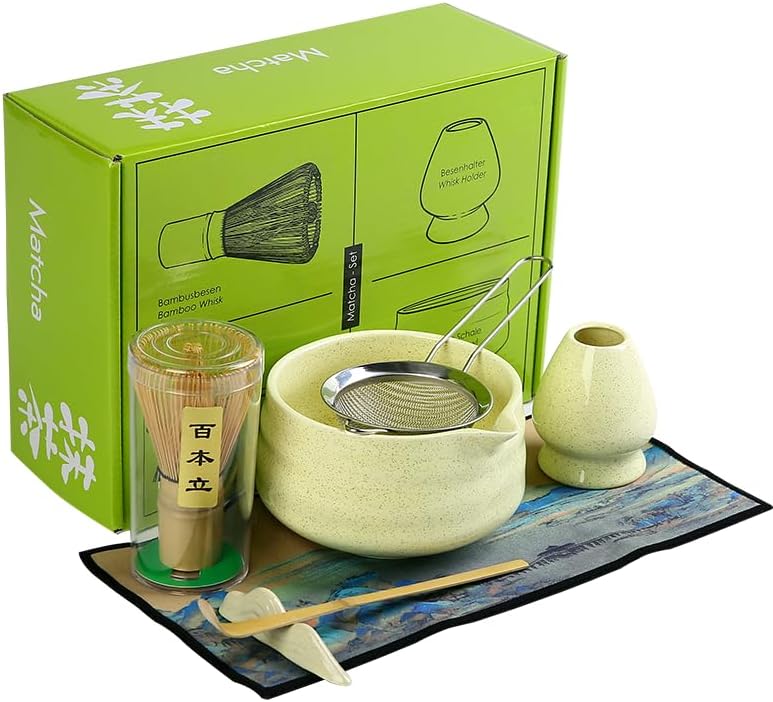 7 matcha whisk set 1 Matcha Whisk ，Matcha Bowl with Pouring Spout Scoop Matcha Whisk Holder Tea Making Kit. 1 matcha whisk set (7pcs), 15.2 Ounce (Yellow)