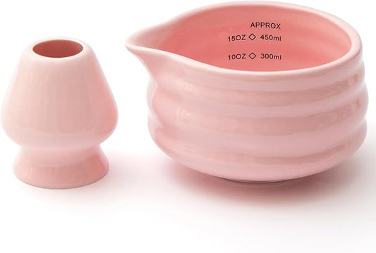 2pcs Matcha Bowl with Whisk Holder, Ceramic Pink Matcha Bowl with Spout, 16.5OZ Porcelain Bowl with Measurement Marks