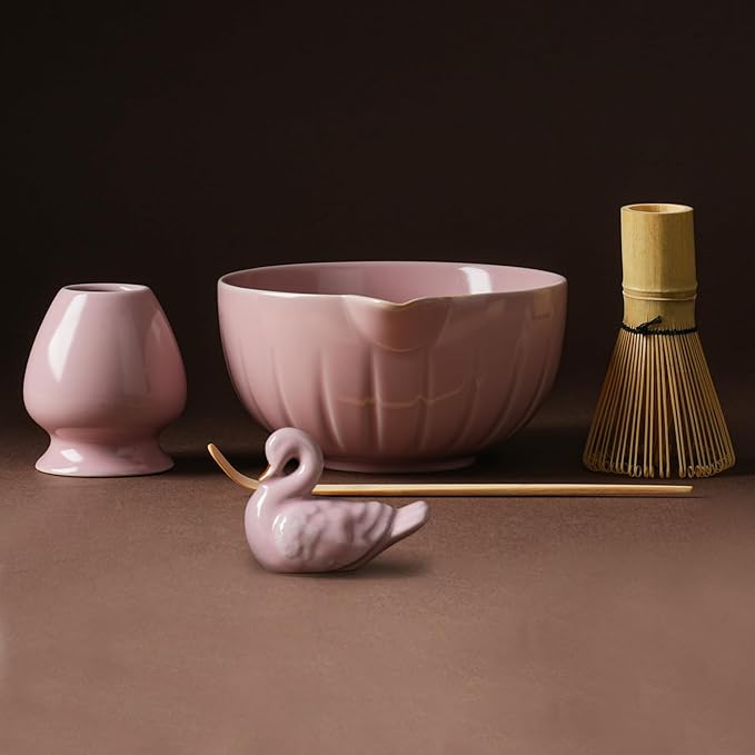 Matcha Whisk Set - 5PCS Japanese Tea Set Includes Matcha Bowl with Spout, Bamboo Whisk with Ceramic Holder, Bamboo Scoop and Sifter, Matcha Kit for Ceremony, Gift for Family/Friend (Pink/5PC)