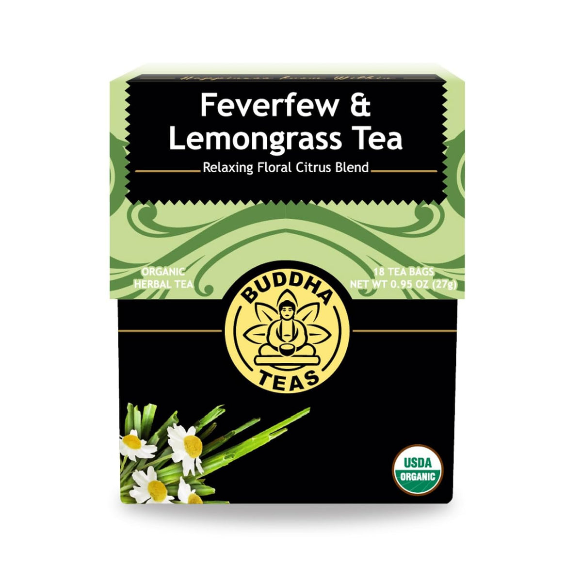 Buddha Teas - Feverfew & Lemongrass - Organic Herbal Tea - For Cognitive Balance & Overall Health - With Essential Minerals & Vitamins - Caffeine Free - 100% Kosher & Non-GMO - 18 Tea Bags (Pack of 1)