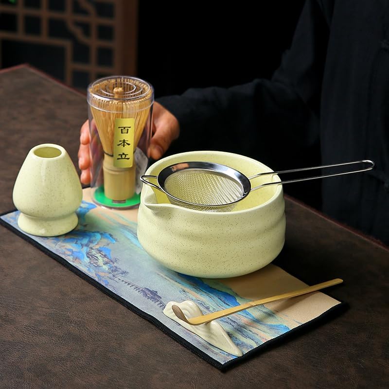 7 matcha whisk set 1 Matcha Whisk ，Matcha Bowl with Pouring Spout Scoop Matcha Whisk Holder Tea Making Kit. 1 matcha whisk set (7pcs), 15.2 Ounce (Yellow)
