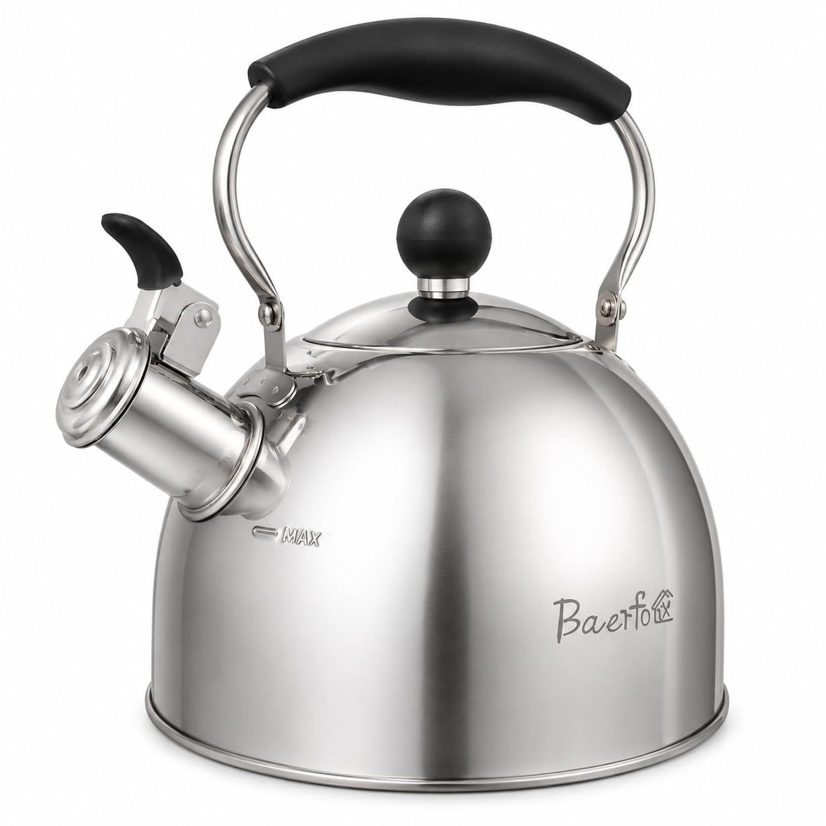 BAERFO 2 Qt Whistling Tea Kettle, Stainless Steel Stovetop Kettle, Silver