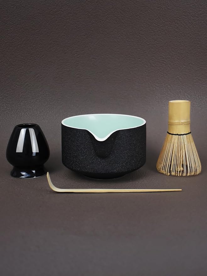 Artcome Premium Matcha Tool Set Black, Includes Matcha Bowl with Spout, Whisk, Holder, Scoop & Manual