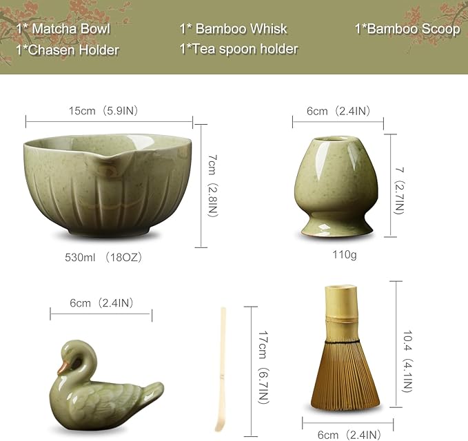 Matcha Whisk Set - 5PCS Matcha Kit for Ceremony, Ceramic Matcha Set Bowl with Spout, Bamboo Whisk(Chasen) with Ceramic Holder, Ideal Gift Christmas, Birthday, Anniversary (Matcha Green)