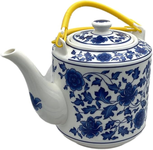 Large Teapot Blue and White Tea Pot Porcelain 66 OZ Floral (Lotus Vine)