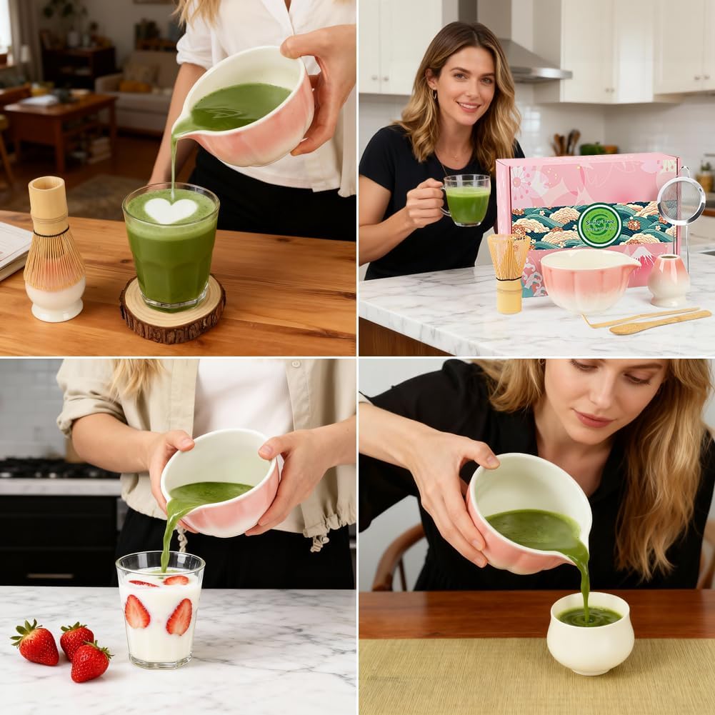 Matcha Whisk Set, 6 PCS Matcha Set-Ceramic Bowl, Matcha Whisk, Whisk Holder, Scoop, Spoon &amp; Sifter, Complete Matcha Ceremony Kit Set (Pink)