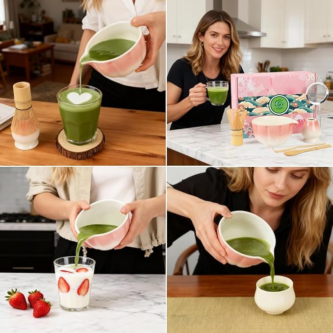 Matcha Whisk Set, 6 PCS Matcha Set-Ceramic Bowl, Matcha Whisk, Whisk Holder, Scoop, Spoon & Sifter, Complete Tea Ceremony Kit Set
