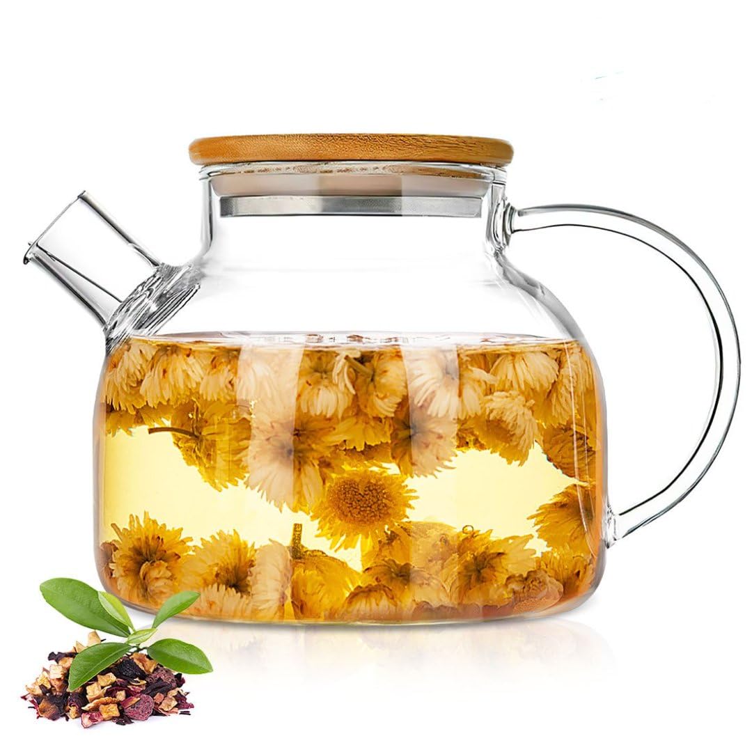JOUALY Glass Teapot 34oz/1000ml, Stovetop & Microwave Safe Borosilicate Tea Pot,Clear Teapot with Strainer, Glass Tea Kettle