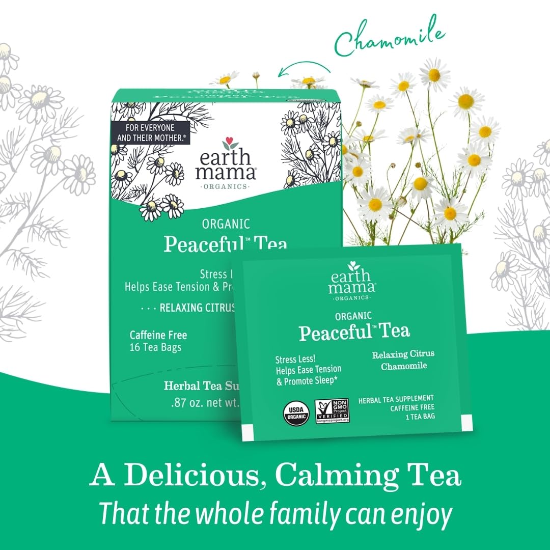 Earth Mama Organic Peaceful™ Tea | Stress Less! Calming, Relaxing Herbal Blend Safe for Pregnancy & Beyond, 16 Teabags Per Box (2-Pack)