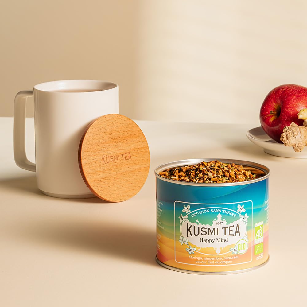 Kusmi Tea - Happy Mind - Organic Herbal Tea with Dragon Fruit, Turmeric, Apple, Chili Pepper, Moringa, Lemon &amp; Ginger - Caffeine Free - Loose Leaf Tea - Tin Box of 3.5 oz - Quantity for about 50 cups