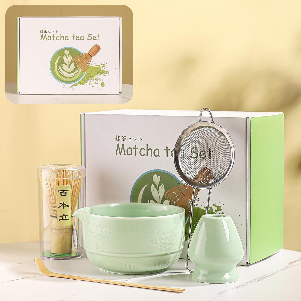 Matcha Tea Set, 5-Piece Ceramic Matcha Bowl &amp; Whisk Kit with Cute Cat Pattern, Traditional Japanese Chawan, Scoop &amp; Sifter, Perfect for Tea Ceremony, Gift for &amp; Tea Lovers (green)