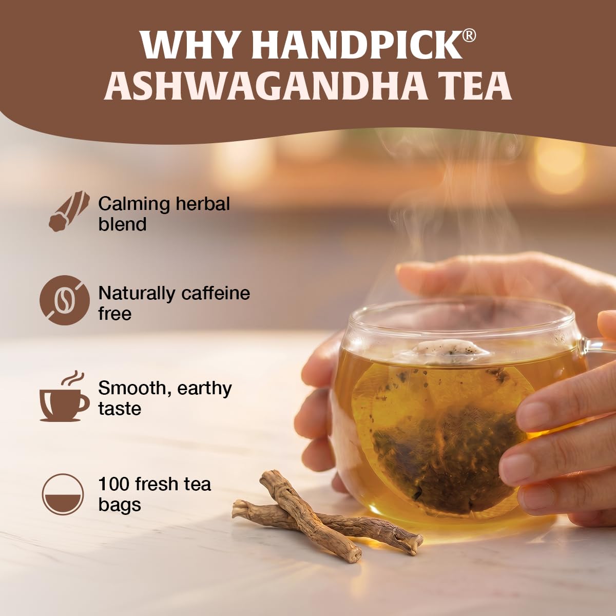 HANDPICK Ashwagandha Teabags (100 Count) Pure Ashwagandha Root,Gluten Free