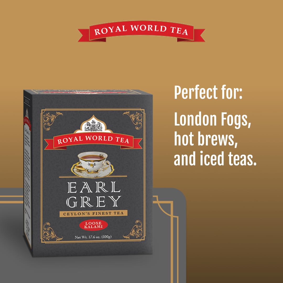 Royal World Loose Leaf Earl Grey Tea – Premium Blend of Bergamot &amp; Ceylon Black Tea – Ideal for London Fog &amp; Iced Drinks – Perfect for Recipes – Sourced from Sri Lanka – Minimal Packaging, 17.6oz