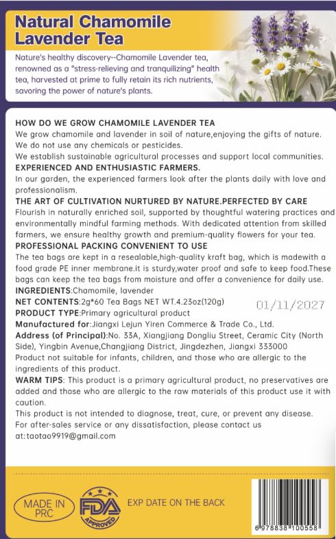WOTIHA 60 Count Premium Chamomile Lavender Tea Bags - 100% Pure Flowers, Soothing Aroma, Supports Relaxation &amp; Better Sleep, Caffeine-Free, Additive-Free, Sugar-Free, Vegan.Non-GMO