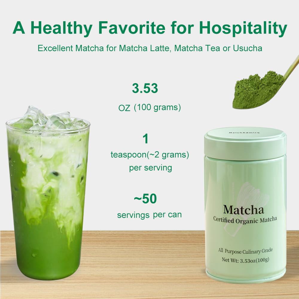 MatchAdmire Matcha Green Tea Powder - Premium First Harvest USDA Organic Gluten-Free Vegan, 100% Pure Unsweetened No Additives, 3.53oz Tin (All Purpose Culinary Grade Matcha)