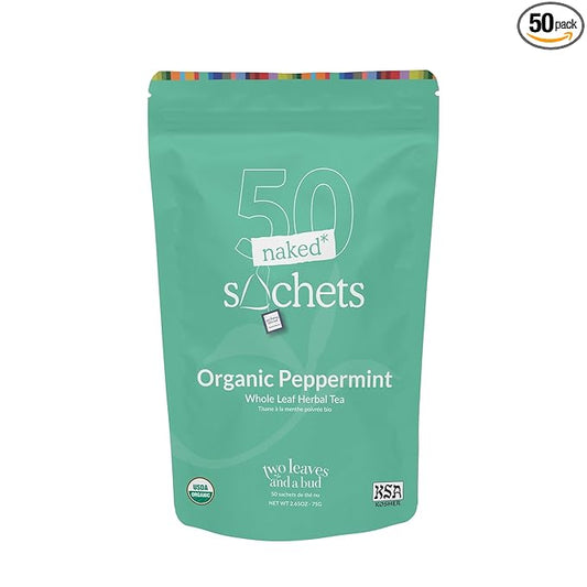 Two Leaves and a Bud Organic Peppermint - 50 Naked Tea Sachets, Naturally Caffeine Free