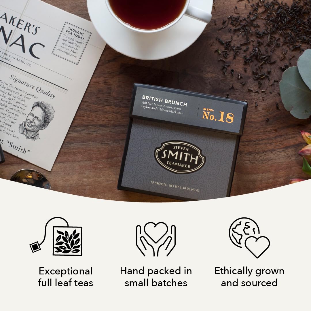 Steven Smith Teamaker British Brunch No. 18, Caffeinated, Sugar-Free, Full Leaf, English Breakfast Black Tea Bags 15 Sachets, 1.48oz each