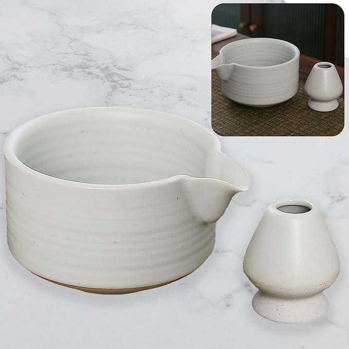 Handmade Ceramic Matcha Bowl Set with Spout & Whisk Holder - Traditional Chasen Tea Whisk Ritual Kit, Gift-Ready Chawan for Matcha Lovers