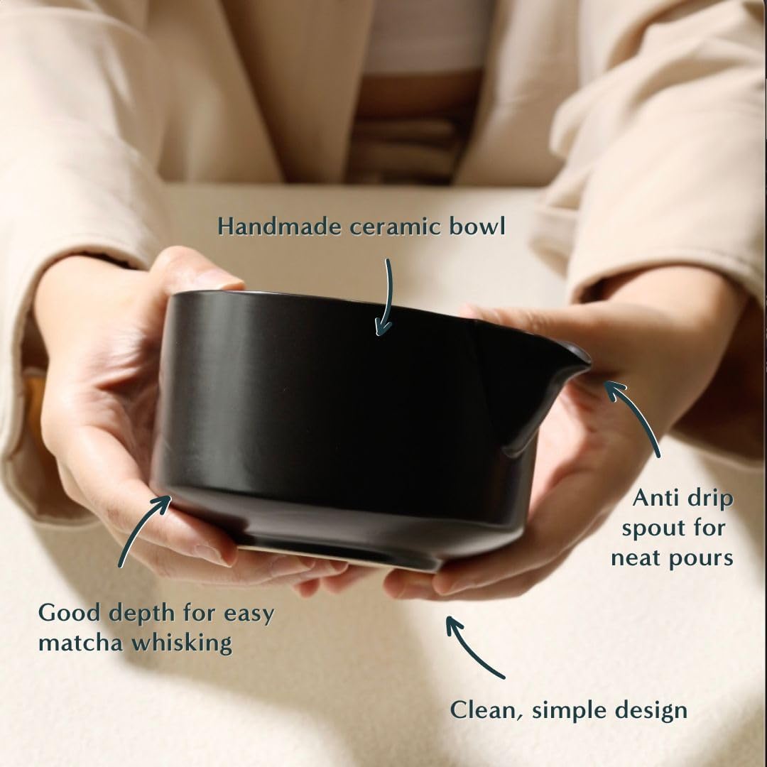 Naoki Matcha Traditional Ceramic Chawan Matcha Tea Bowl with Pour Spout Set | Hand Made, Black Matte Glaze, 18 Ounce, For Perfectly Whisked Matcha Green Tea