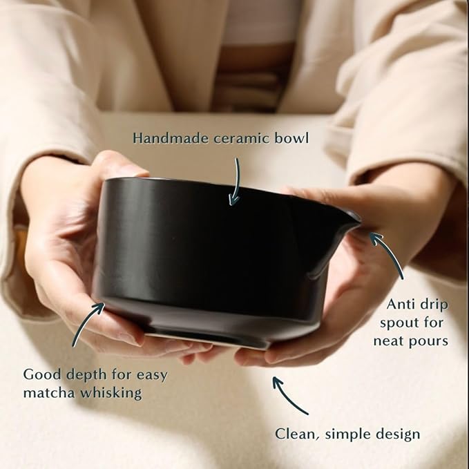 Naoki Matcha Traditional Ceramic Chawan Matcha Tea Bowl with Pour Spout Set - Hand Made Ceramic with Black Matte Glaze