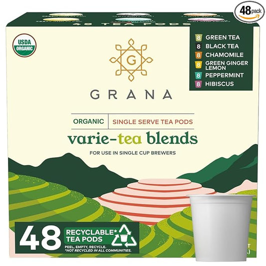 G GRANA Tea Pods, Compatible with Keurig Machines, 48 Count, Variety Pack of Green, Black, Chamomile, Green Ginger Lemon, Peppermint, Hibiscus Teas, USDA Organic, Recyclable Single Serve Capsules